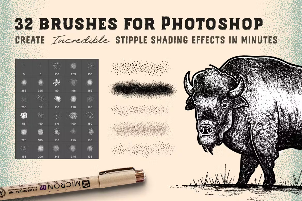 Stipple Brushes Photoshop And AI, a Brush Add-On by PaperMoon (Photo 2 of 4)