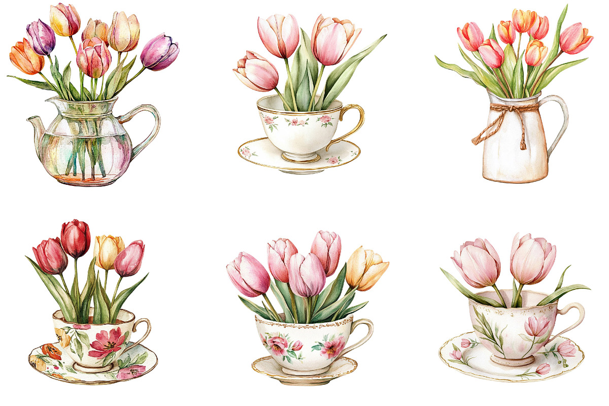 Watercolor Vintage Tulip Tea Time, an Illustration by Designking (Photo 3 of 5)