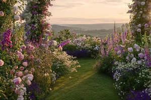 Garden path framed by climbing roses and foxgloves, leading to a, a Photo by Studio ANNA