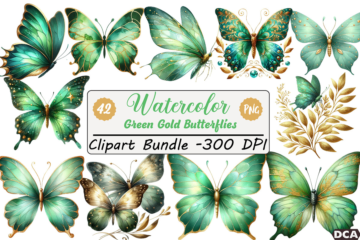 Green Gold Butterflies Clipart, an Illustration by DreamCafeArt (Photo 1 of 6)