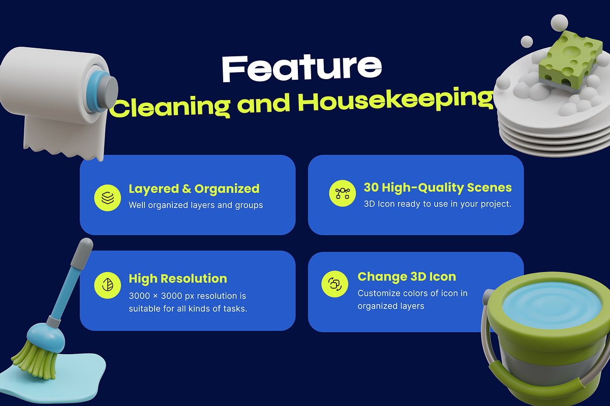 Cleaning & Housekeeping 3D Icon Set, an Environmental 3D Model by orenjidesign (Photo 2 of 8)