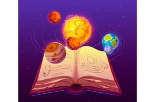 Old magic book, space planets, a Technology Illustration by Vector Tradition