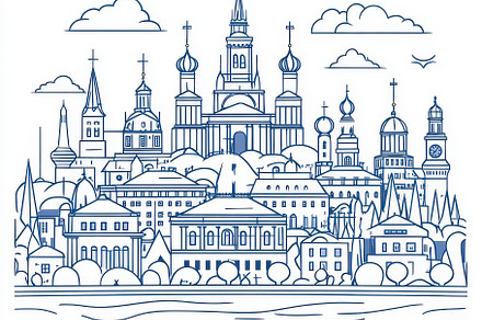 Blue Line Cityscape Skyline Churches, an Abstract Photo by Pixeness