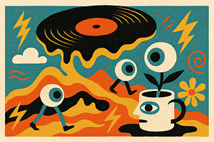 Surrealism art with floating record, an Illustration by Dvoevnore photos