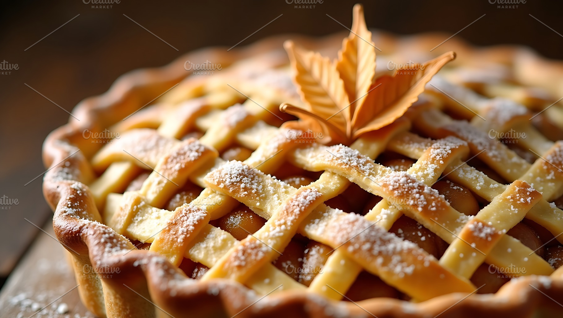 Golden lattice apple pie with leaf, a Food & Drink Photo by Artonix