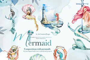 Watercolor Mermaid Clipart Set