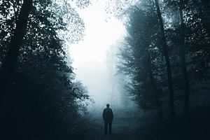 Man in dark fantasy forest with fog