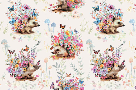 Blooming hedgehogs seamless pattern