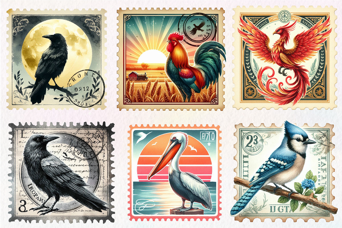 Retro Birds Stamps Postage Clipart, an Illustration by CreationArt (Photo 4 of 5)
