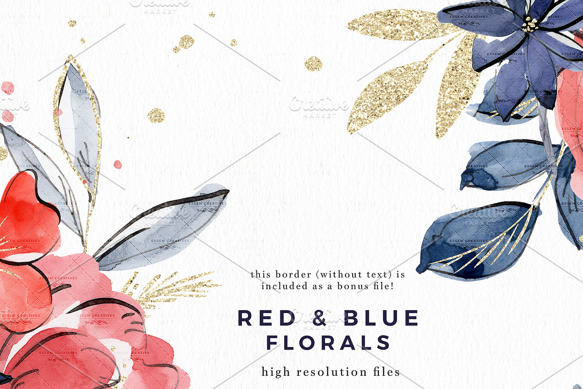 Red Blue Watercolor Floral Clipart, an Illustration by Essem Creatives (Photo 3 of 3)