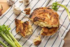 A stack of pita bread, garlic, onion, a Food & Drink Photo by Print Haven Mochi Vintage
