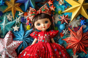A charming doll in a red dress, a Photo by Pavel_design
