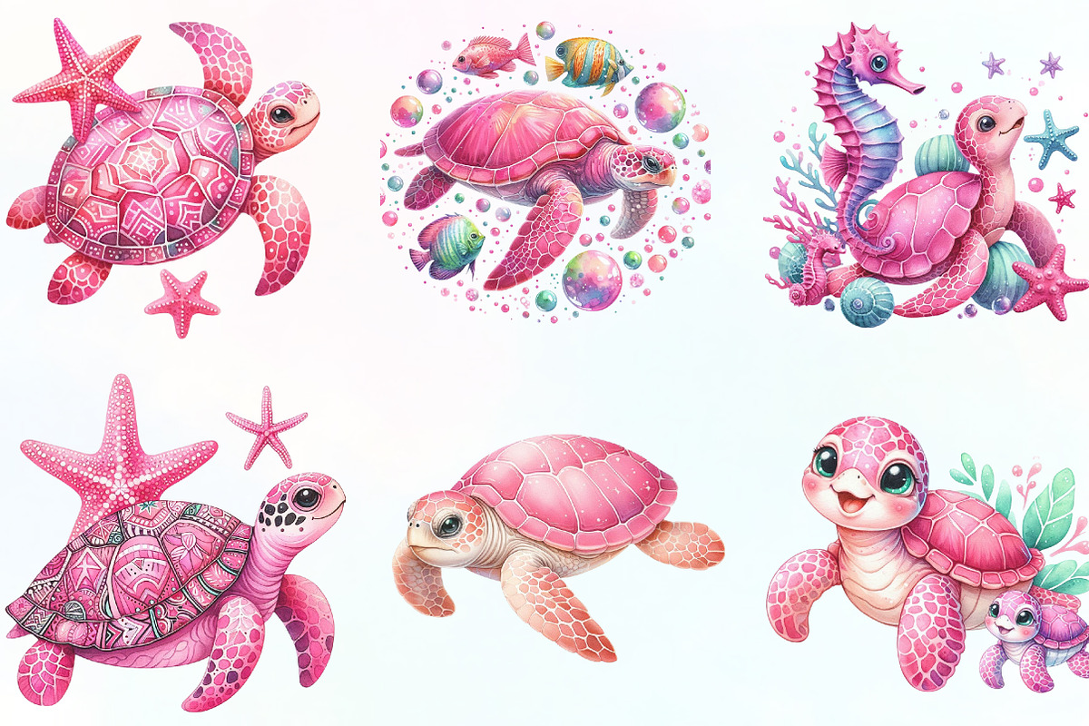 Watercolor Pink Sea Turtle Clipart, an Illustration by CraftArtStudio (Photo 2 of 6)