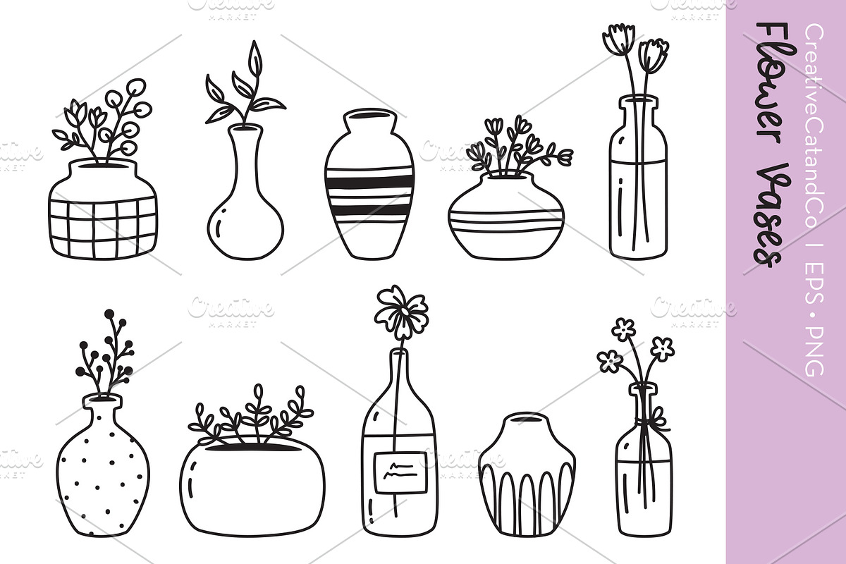 Flower Vases Drawing Sketch EPS PNG, an Object Graphic by CreativeCatandCo