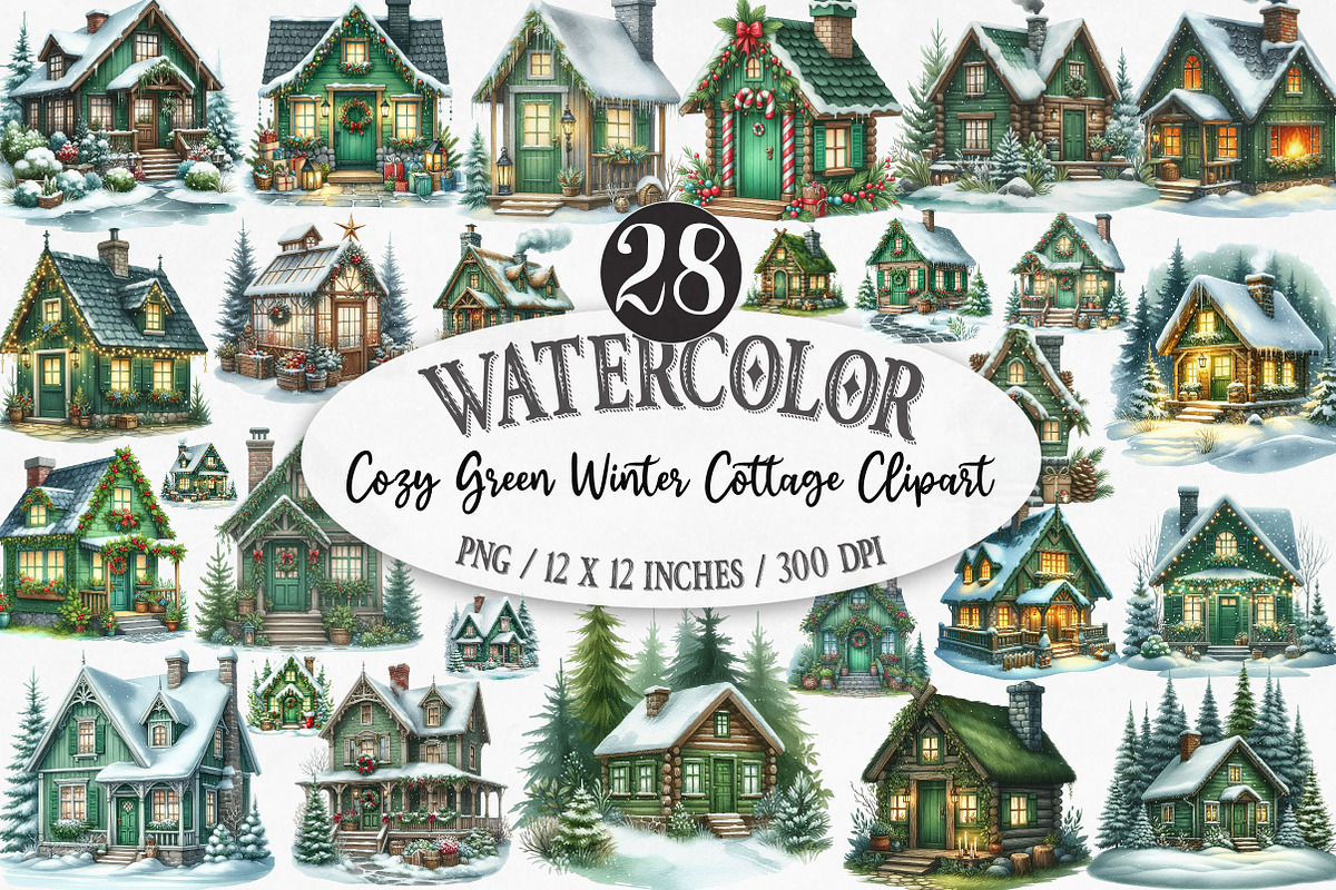 Cozy Green Winter Cottage Clipart, an Illustration by Designking (Photo 1 of 5)