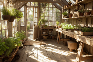 Rustic wooden greenhouse filled with, a Nature Photo by MistyDay