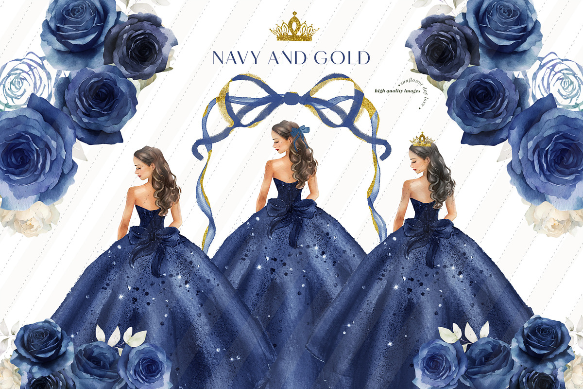 Navy And Gold Princess Dress Clipart, an Illustration by Sunflower Day Love (Photo 1 of 4)