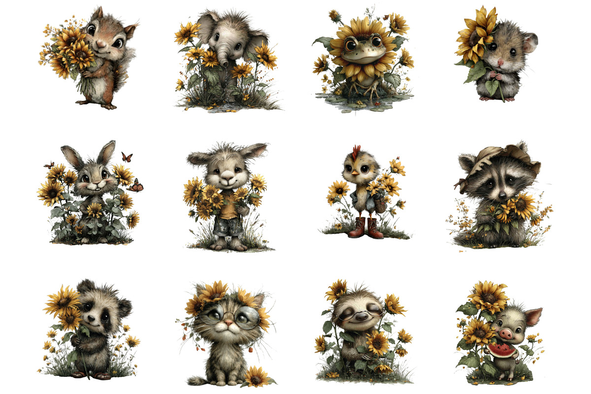Summer Funny Sunflower Animals, an Animal Illustration by Designking (Photo 2 of 5)