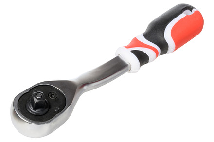 A shiny chrome plated ratchet wrench with a red, black, and whit