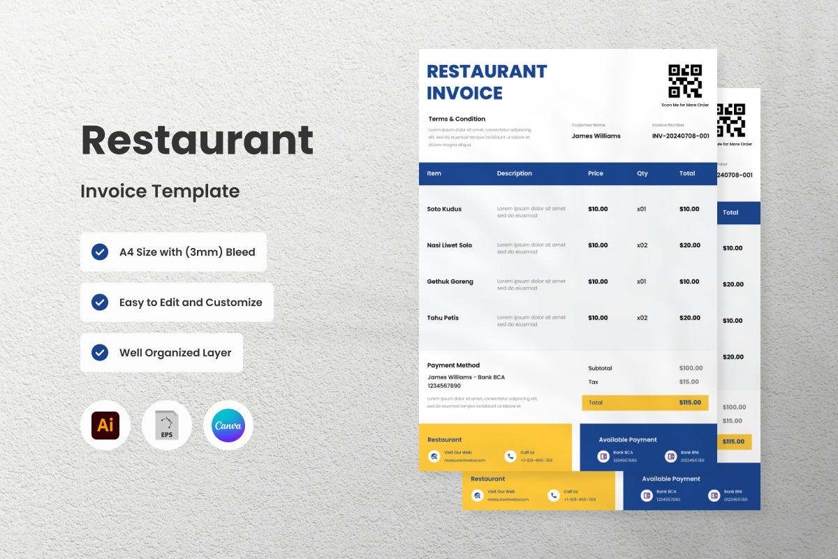 4 Set Restaurant Invoice Template, a Print Template by twinstd