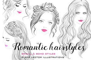 Romantic hairstyles line drawings