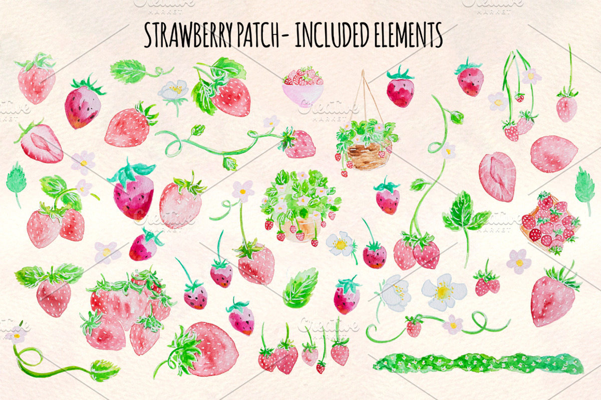 Strawberry Patch Watercolor Graphics, a Seasonal Illustration by Violet LeBeaux (Photo 2 of 3)