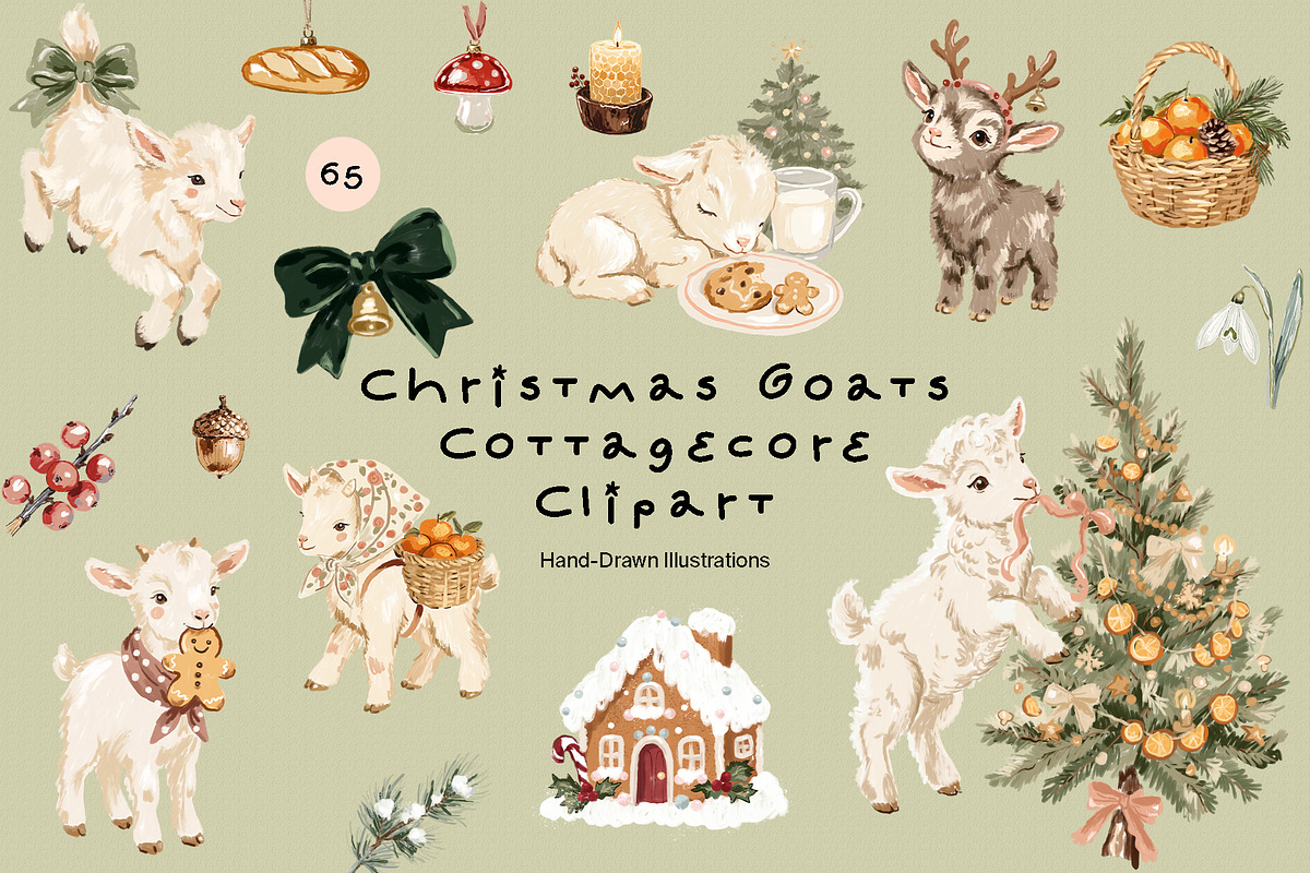 Christmas Goats Cottagecore Clipart, a Seasonal Illustration by divanovskaya_nv (Photo 1 of 15)
