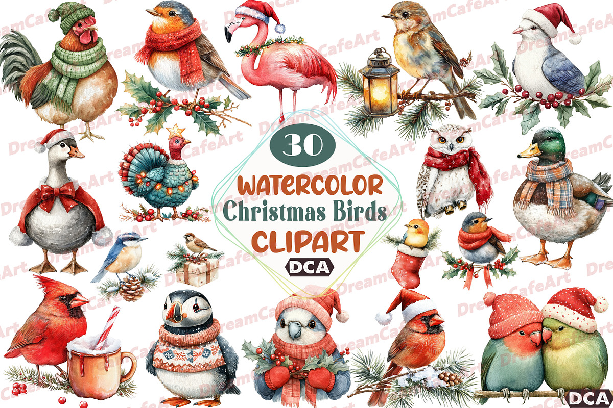 Christmas Birds Sublimation Clipart, an Illustration by DreamCafeArt (Photo 1 of 7)