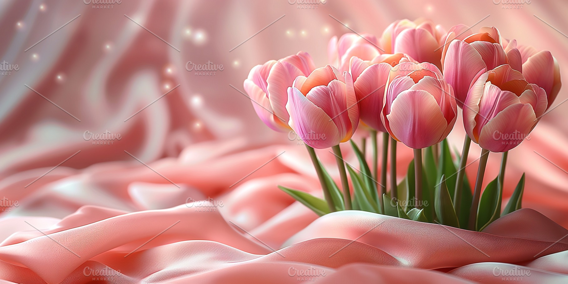 A bouquet of pink tulips elegantly arranged on soft, flowing fabric, creating a, a Business Photo by ImageMir
