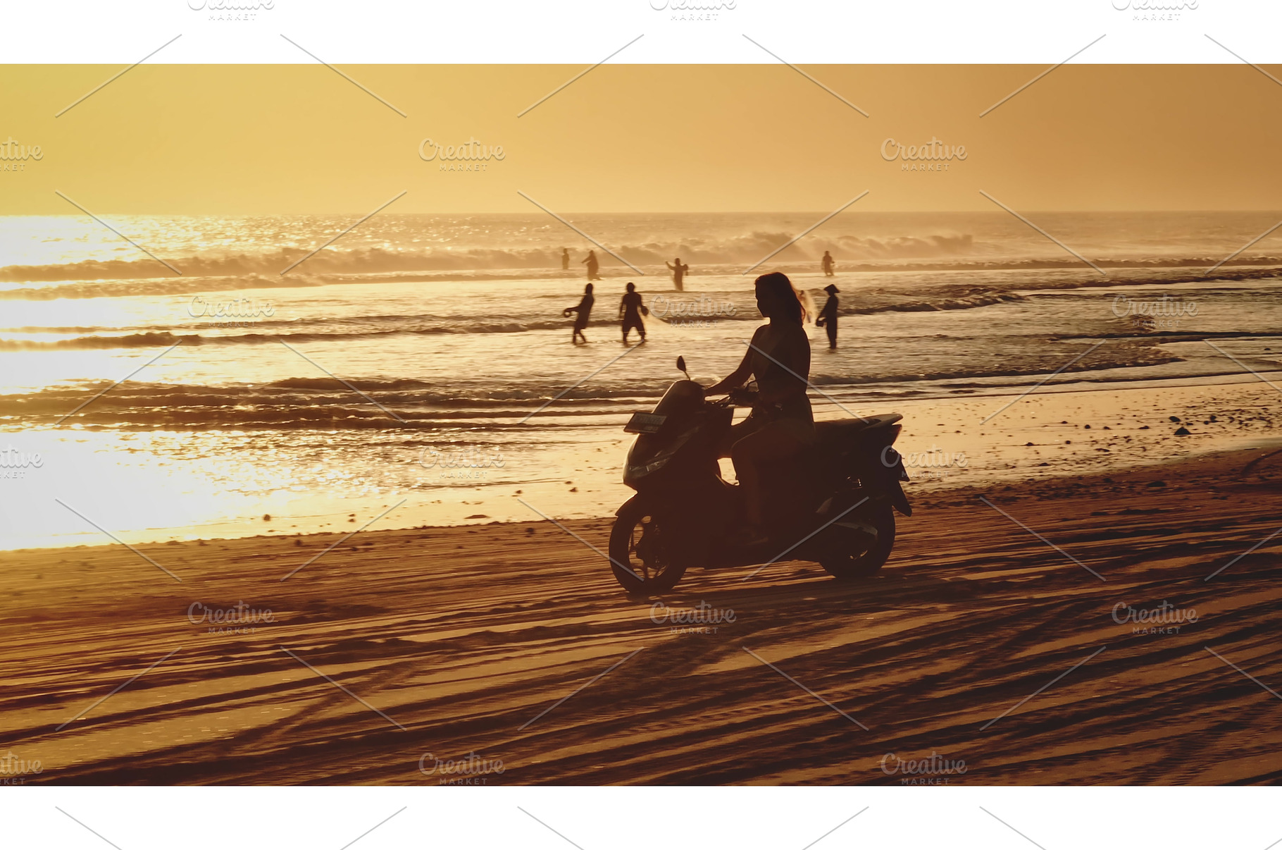 Woman riding scooter on sandy beach, a Person Photo by Goinyk