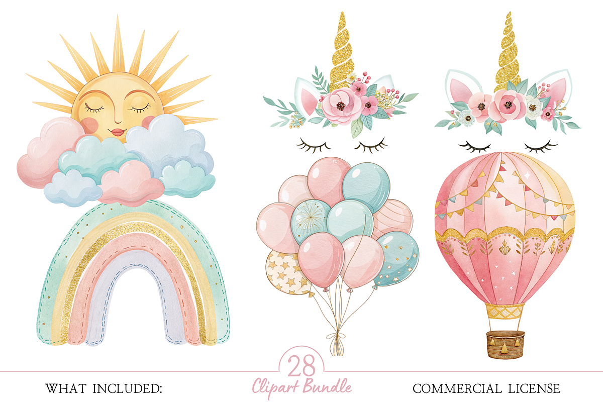 Unicorn World Watercolor Clipart, an Illustration by MockupWizard (Photo 3 of 6)