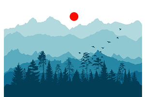 Panorama of mountain trees and red, an Illustration by Nenahliadava Design