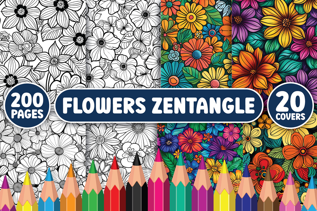 200 Flowers Zentangle Coloring Pages, an Illustration by BrightMart (Photo 1 of 3)