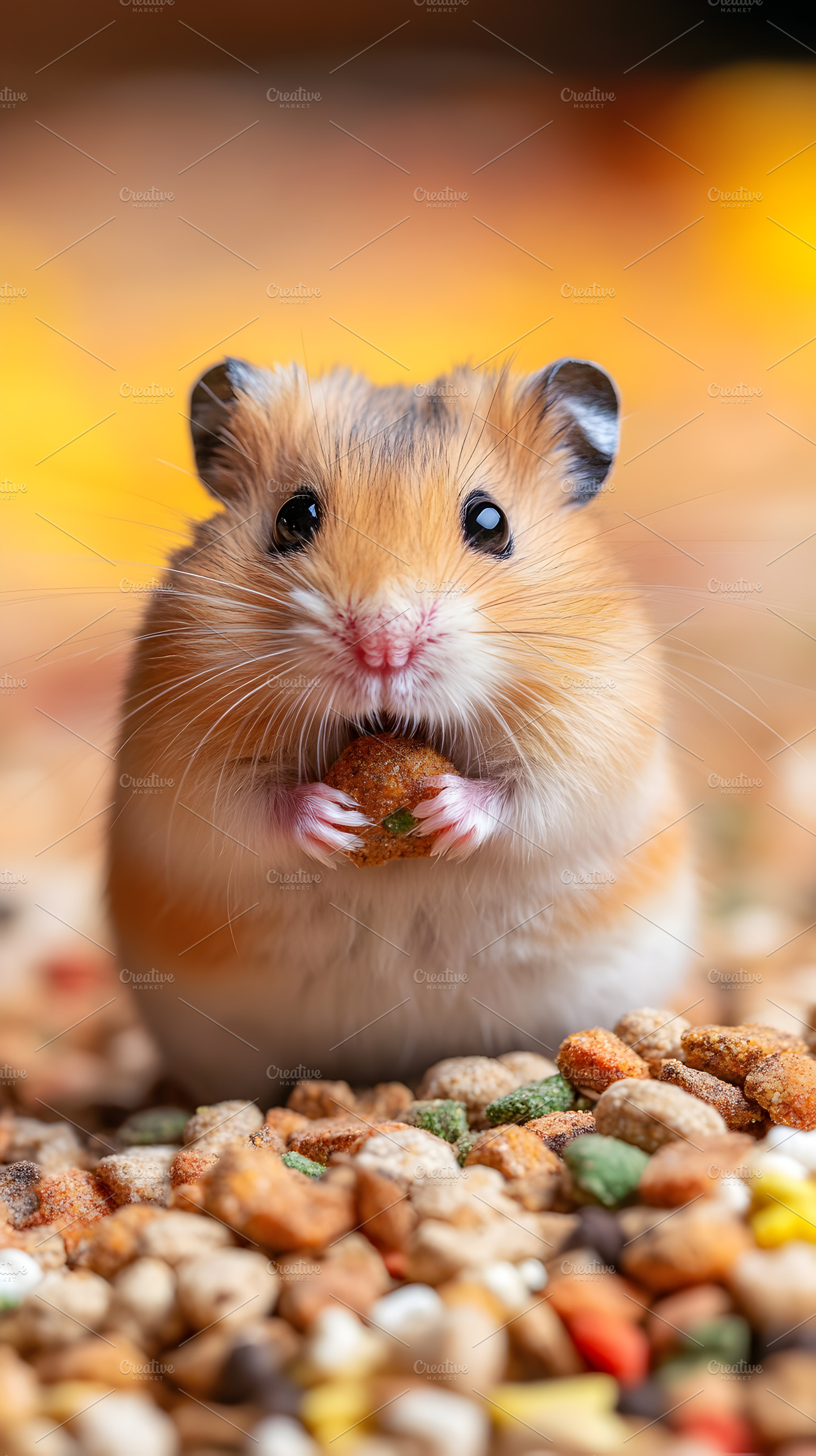 Cute hamster holding food on colorfu, an Animal Photo by Photostock