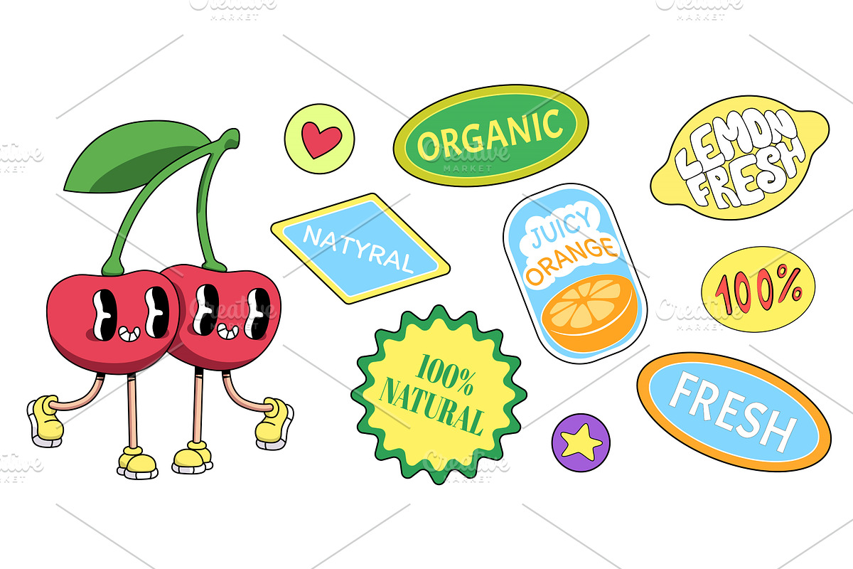 Retro style fruit sticker set, a Food Illustration by art PVP - market