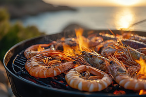 Grilling shrimp and squid by the seaside at sunset in a stunning outdoor settin, a Food & Drink Photo by AlyaAnd