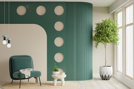 Scandinavian living room with green armchair on empty two tone wall background.