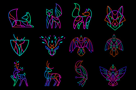 Set of neon animal logos