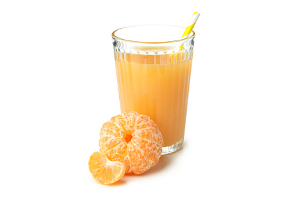 Mandarin juice and ingredients isolated on white background, a Food & Drink Photo by AtlasStudio