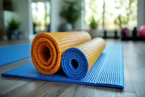 Exercise mats rolled on blue floorin, a Photo by Tanuart