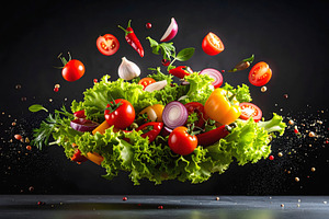 Fresh vegetables floating in air with vivid textures, a Food & Drink Photo by GoodGoods