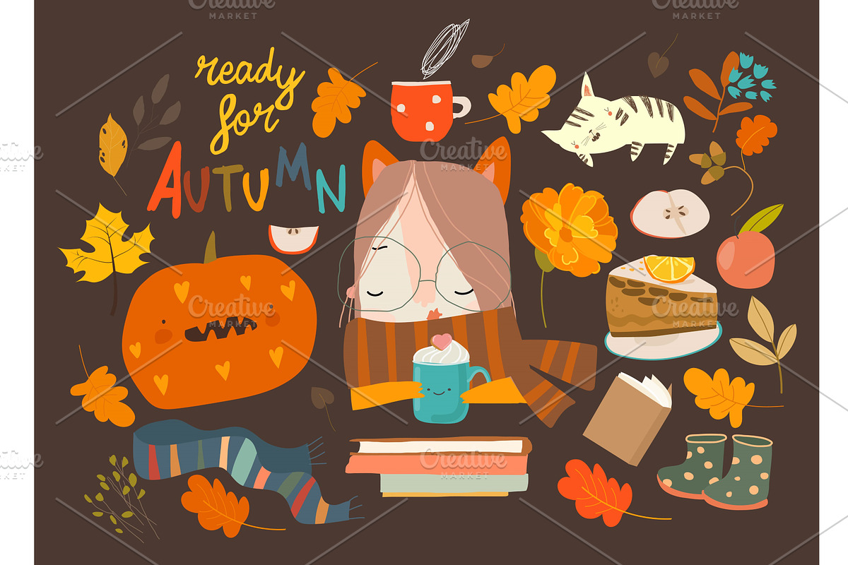 Cartoon Set with Cute Girl and, a Person Illustration by Maria Starus