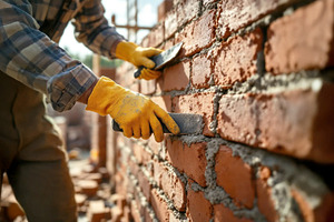 Bricklayer Smoothing Mortar on Brick, an Industrial Photo by Stock Shape