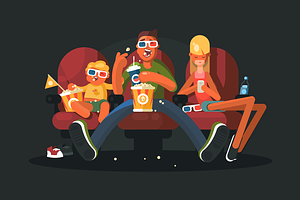 Family in the cinema watching movie, a Food Illustration by Kit8.net