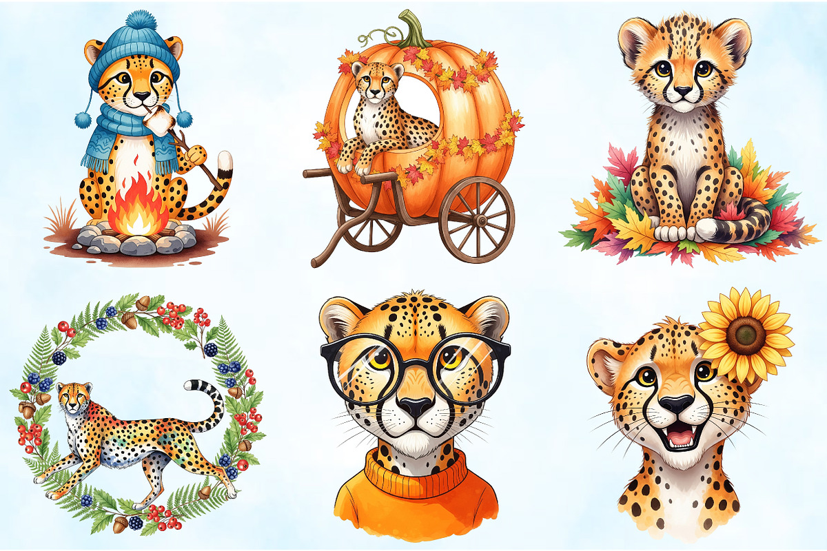 Watercolor Autumn Cheetah Clipart, an Illustration by Craft Nest (Photo 3 of 9)