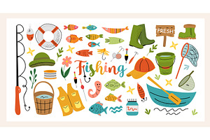 Colorful flat-style vector fishing, an Illustration by Lucia Fox