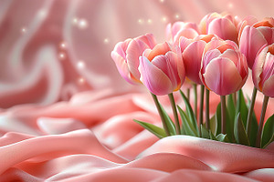 A bouquet of pink tulips elegantly arranged on soft, flowing fabric, creating a, a Business Photo by ImageMir