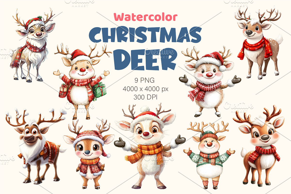 Christmas Deer. Watercolor PNG., an Animal Illustration by KENO Mascots (Photo 1 of 8)