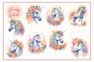 Floral Unicorns Watercolor Clip Art