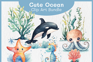 Cute Ocean Animals Clipart Bundle